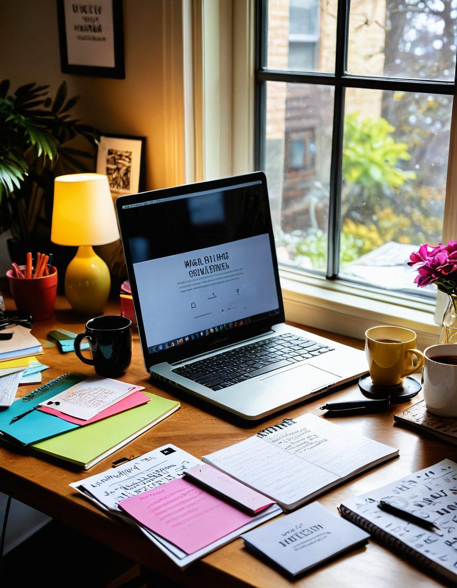 A creative workspace featuring a cozy desk with an open laptop, scattered notebooks, and colorful pens. Surrounding the desk, there are sticky notes with inspiring quotes and a warm cup of coffee. In the background, a vision board with blog ideas and photos, illuminated by soft, natural light filtering through a window. Emphasize a sense of motivation and inspiration for aspiring bloggers. vibrant colors. cozy atmosphere. natural lighting.