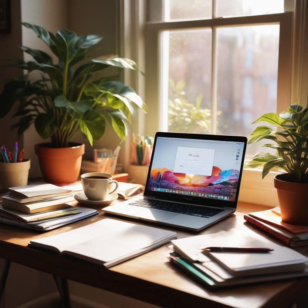A cozy, inviting workspace with a laptop open to a digital journal, surrounded by colorful stationery, a steaming cup of coffee, and a large potted plant reflecting creativity. Sunlight filters through a window casting a warm glow on the scene, creating a sense of inspiration and focus. super-realistic. vibrant colors. soft focus.